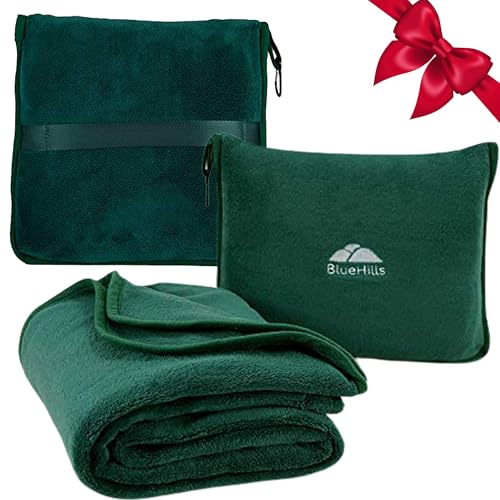 BlueHills Premium Soft Travel Blanket Pillow Airplane Flight Blanket Throw in Soft Bag Pillowcase Compact Pack Large Comfort for Travel Green (Dark Green T010)