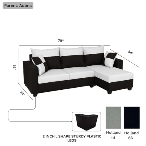Image of FURNY Arissa 4 Seater Fabric RHS L Shape Sofa Set with Extra Cushions (Light Grey-Black) Premium Velvet Finish| Durable Comfort Ideal for Living Room
