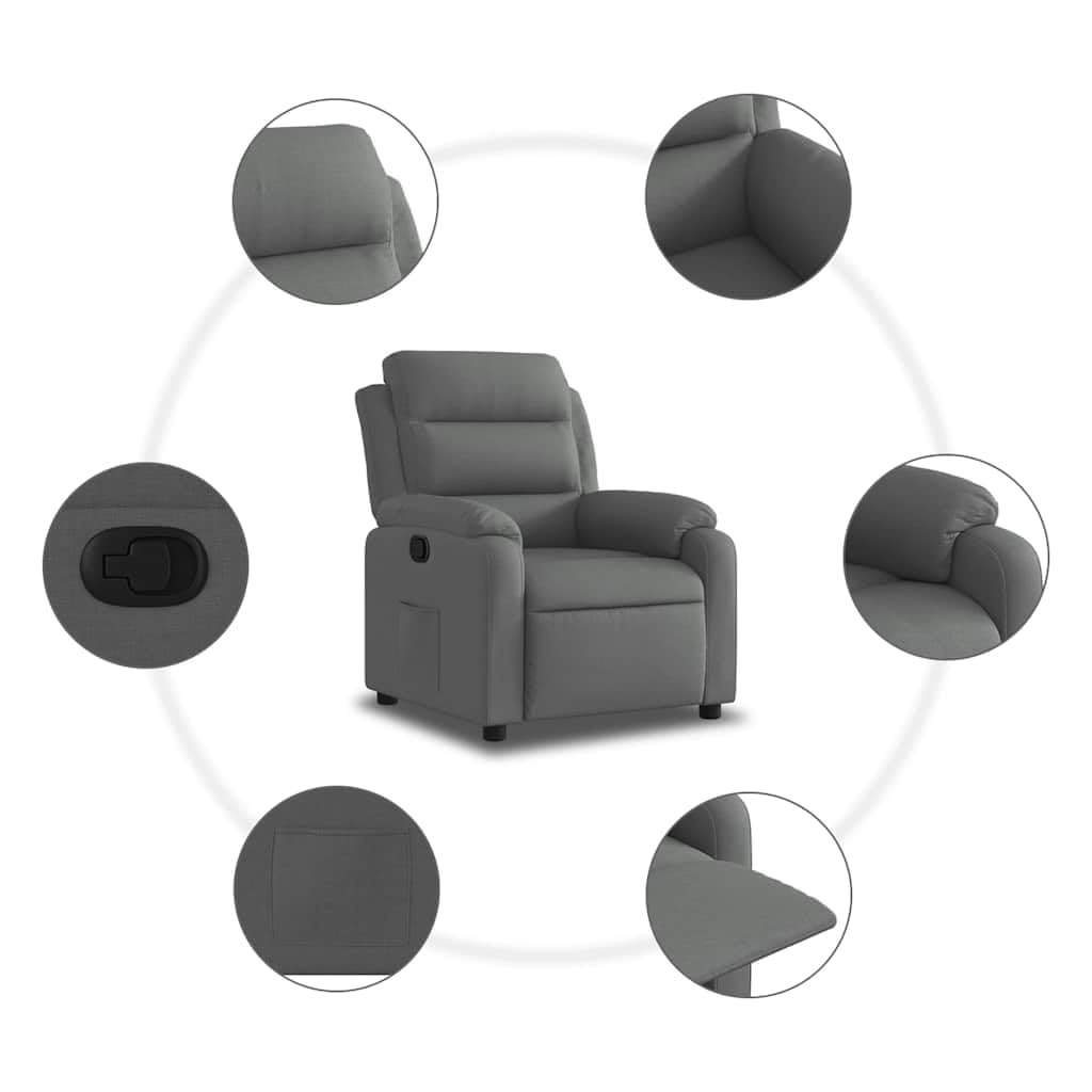 Fotel relaksacyjny, ciemnoszary, materiał z ręczną funkcją leżenia, ergonomiczny, regulowany, wygodny fotel tapicerowany z podłokietnikami i oparciem, do salonu, kącika do czytania, biura