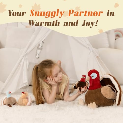 Image of Thanksgiving Turkey Stuffed Animal with 3 Babies, 14 inch Fall Plush