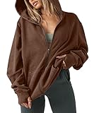 Camygadys Women Zip Up Oversized Hoodie Sweatshirts Casual Pockets Long Sleeve Thumb Hole Fleece Pullover Jacket Teen Girls Brown