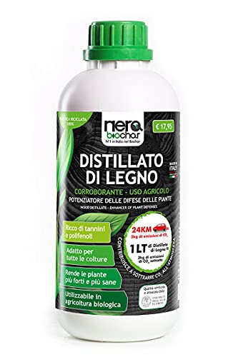 DISTILLATO DI LEGNO NERABIOCHAR 1 LT, corroborante, potenziatore delle difese delle piante. Estratto integrale di castagno a base di tannino, uso biologico.