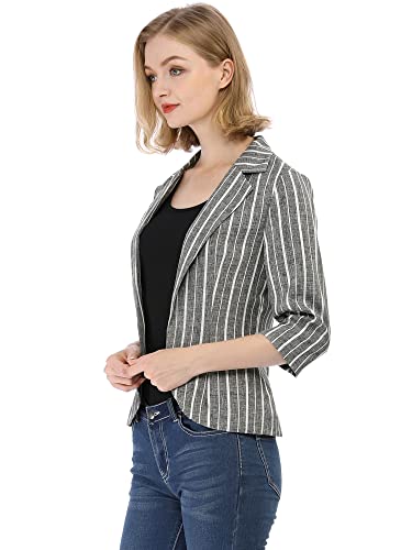 Allegra K Women's Striped Open Front Work Office 3/4 Sleeves Casual Notched Lapel Blazer4