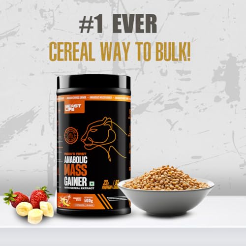 Image of BeastLife High Protein Mass /Weight Gainer | 500 Gram | Strawberry Banana | NABL LAB Tested | For Muscle Gain & Fast Growth | Cereal-Based Formula, No Maltodextrin | India's #1 Cereal Based Bulk Gainer