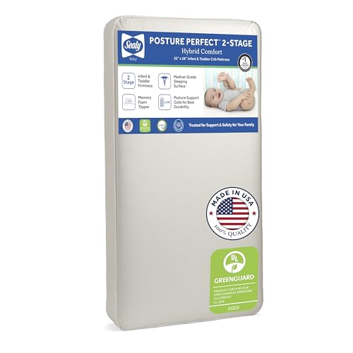 Sealy Baby Posture Perfect Breathable Crib Mattress, GREENGUARD Gold Certified, Made in USA, 2 Stage Hybrid Memory Foam & 150 Premium Coils, Toddler Bed Fit, Safety & Quality Tested, 52x28'