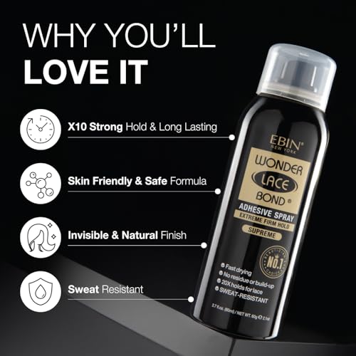 wonder lace bond adhesive spray - supreme extreme firm hold 27 fl oz 80ml  fast drying no residue no build up powerful hold all-day hold daily wig application