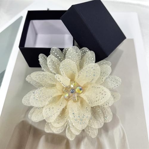 Image of Rhinestones Flower Fabric Big Brooches Lapel Pins for Women Elegant Organza Floral Brooch Pin for Dresses Suit Wedding Banquet Clothes Accessories Fashion Jewelry 130mm