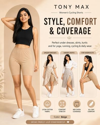 Tony Max Women's Cotton Stretchable Cycling Shorts, Solid Colour, Skinny Fit, Knee Length, Yoga/Sports (in, Alpha, XL, Beige) 3