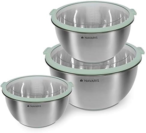 Navaris Stainless Steel Mixing Bowls (Set of 3) - Mixing Bowl Set with Lids, Non-Slip Silicone Base, Measurements - 1.4, 2.8, 4.7 Litres (Mint Green)
