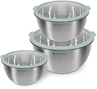 Navaris Stainless Steel Mixing Bowls (Set of 3) - Mixing Bowl Set with Lids, Non-Slip Silicone Base, Measurements - 1.4, 2.8, 4.7 Litres (Mint Green)