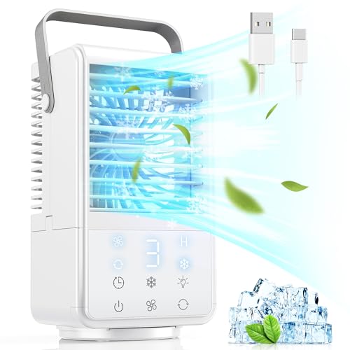 Portable Air Cooler, WIAONE 4 in 1 Portable Air Conditioner, 1000ML Large Capacity Evaporative Cooler with LED Screen, 2 Spray Modes and 7 Colors Lights, Mini Personal Air Conditioner for Room Office