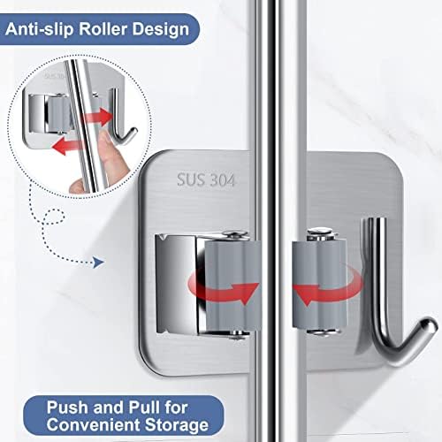 YETEE Mop Broom Holder,Mop Holder Wall Mounted,Self Adhesive Stainless Steel Hooks Hanger Organizer for Kitchen Closet Bathroom Garage( 4pcs Silver)
