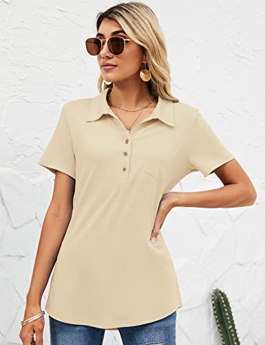 Tfsdod Womens Fashion Summer Collared Polo Tops Short Sleeve T-Shirts Relaxed Fit Work Tunic Blouse With Pocket Apricot M #TOP1