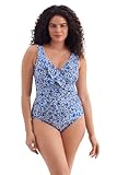 Longitude by Mimi Flamingo Women's Swimwear Fine China Ruffle Front Surplice One Piece Swimsuit, Blue/White, 14