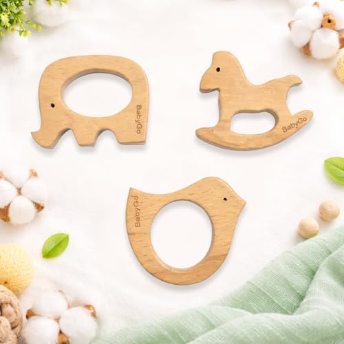 Image of BabyGo Wooden Baby Teether Combo | Natural Beech Wood Animal Shape Toy, Handmade & Eco-Friendly | Safe & Gentle Gum Soother, Biodegradable Wooden Teething Relief Toys (Pack of 3)