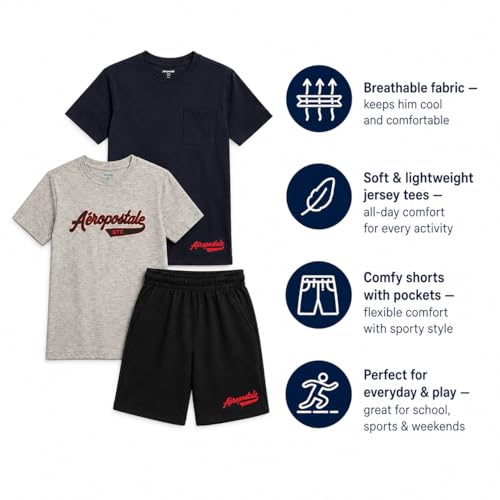 Image of AEROPOSTALE Boys Athletic Shorts Set 3 Piece Graphic T Shirts Fleece Shorts | Soft Breathable Jersey Tees, Elastic Waistband, Side Pockets, Screen-print Design, Durable Stitching for School & Play