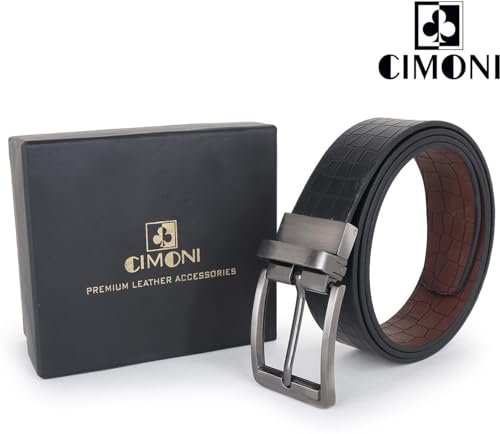 Image of CIMONI Reversible Leather Belt for Men | Genuine Leather & Vegan Leather Pin Buckle Belt | Classic Black /Brown Adjustable Belt for Formal, Business, Office & Casual Wear