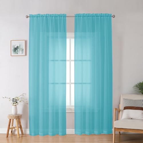 Image of OWENIE Aqua Sheer Curtains for Bedroom Living Room 90 Inches Long, Elegant Solid Light Filtering Window Curtain Panles, Modern Rod Pocket Aqua Curtain, 2Pcs, Each 42 inch W x 90 inch L