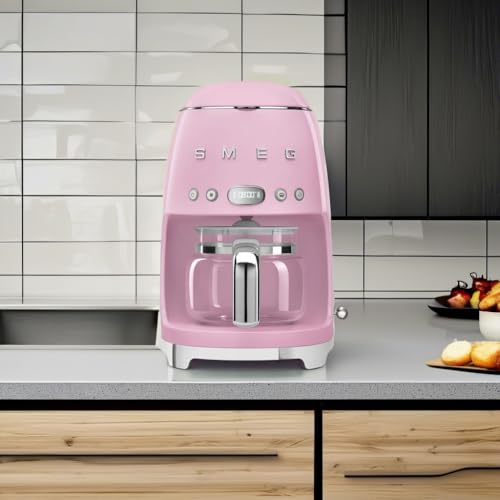 Image of Smeg 50's Retro Style Aesthetic Drip Coffee Machine with 10 Cup Glass Carafe, Auto Start Feature, Keep Warm Plate, and Two Coffee Strength Settings (Pink)