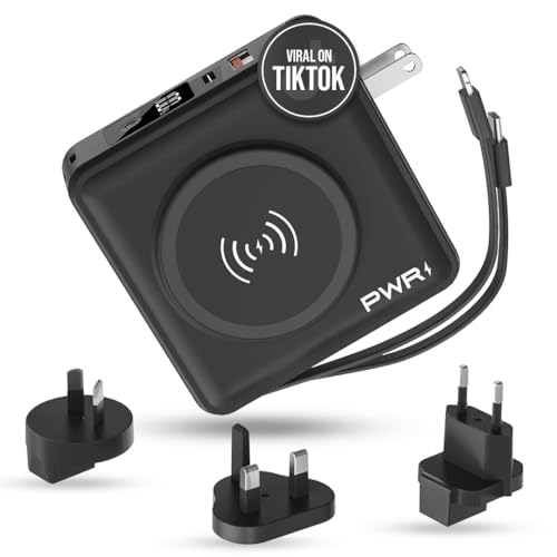PWRMobile PWR Travel PRO 5-in-1 Power Bank 10 000mAh with Built-in Cables 20W USB-C + 15W Wireless Charging Compact Portable Charger for iPhone & Android- Black