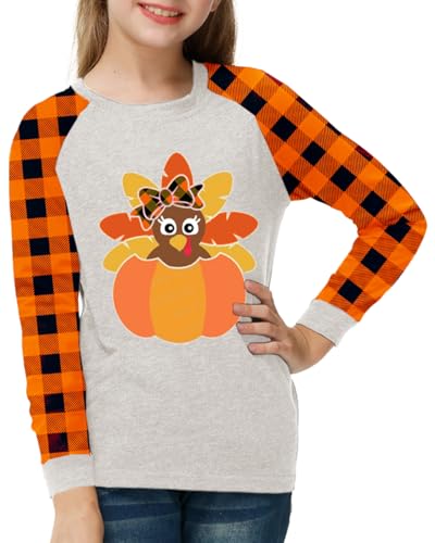 Image of Remimi Girls Thanksgiving Shirts Buffalo Plaid Raglan Tee Cute Turkey Holiday Party Long Sleeve Tshirt 5-14 Years
