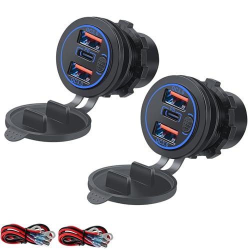 Intckwan 12V USB-Uttag 66W PD och QC3.0 Vattentät Strömbrytare Blå Indikatorlampa för DC 12-24V Bil Båt Lastbil Husvagn (2 stycken)