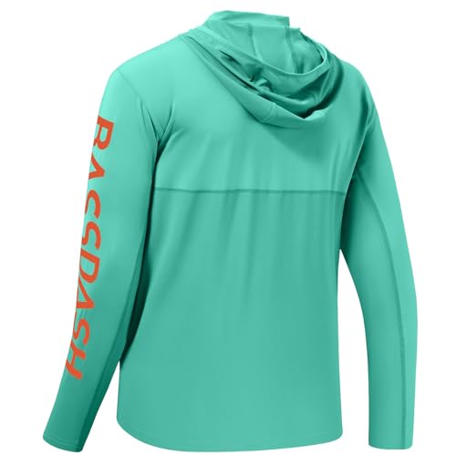 Bassdash UPF 50+ męska bluza z kapturem chroniąca przed promieniowaniem UV z długim rękawem, Aqua Green/Logo mandarynki, L