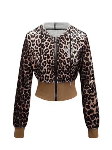 Milumia Women's Leopard Print Rhinestone Decor Zip Up Hoodies Y2k Long Sleeve Jacket
