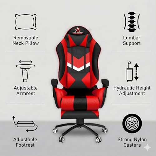 Image of ASE GAMING Gold Series Ergonomic Gaming Chair with Footrest Premium PU Leather, Adjustable Neck & Lumbar Pillow, 180 Degree Recline with Black Metal Base with 3 Years Warranty(Multi)