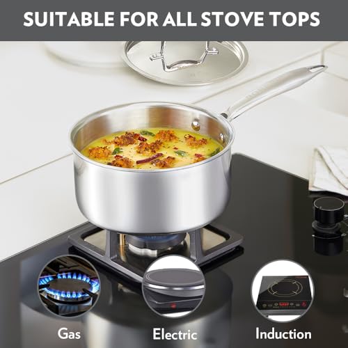 Image of Borosil Cookfresh Triply Stainless Steel Straight Shape Sauce Pan with Lid | SS304 Food Grade Steel, Dishwasher Safe | Compatible for Gas, Induction, Hot Plate, Halogen | 5 Years Warranty (20 cm)