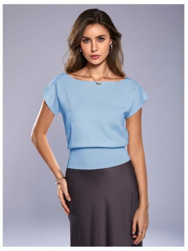 Image of WDIRARA Women's Off The Shoulder Tops Casual Short Sleeve Tunic T Shirts Lightweight Knit Sweaters