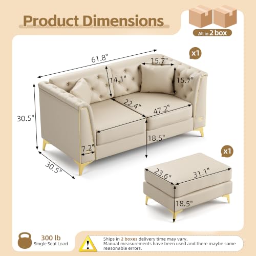 Image of KEIKI 62 inch Faux Leather Chesterfield Sofa with Handmade Button Tufted, Beige