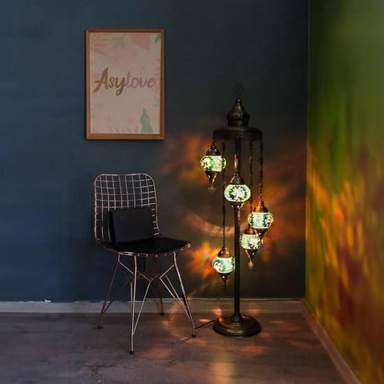 Fait main - Lampadaire turc - 5 boules - Lampadaire oriental - mosaïque - vert