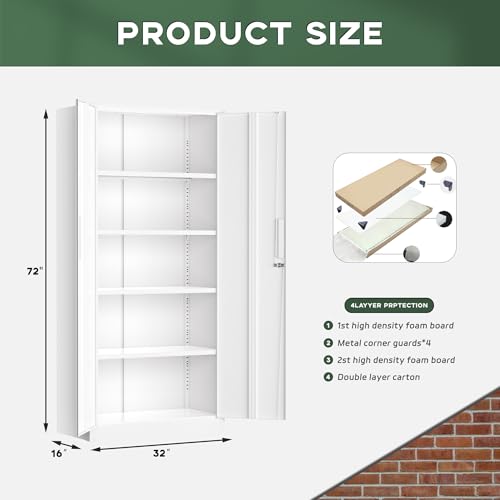 Image of Greenvelly Metal Storage Cabinet, 72 inch Locking Metal Garage Storage Cabinet with Doors and 4 Adjustable Shelves, White Lockable Steel Cabinet for Home Office, Garage, Shop, School (32 inch W x 16 inch D)