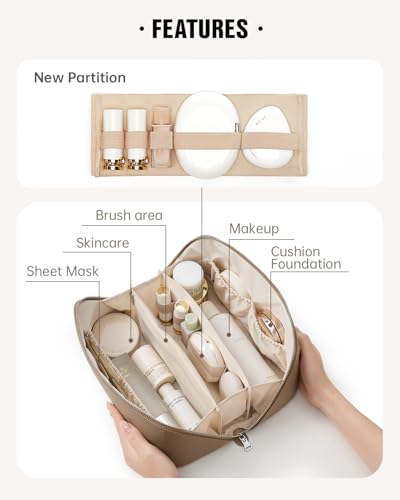 Image of EACHY Travel Makeup Bag, Lychee Leather Large Capacity Cosmetic Bag for Women, Open Flat Toiletry Bag with TPU Brush Compartment, Waterproof Skincare Organizer Travel Essentials