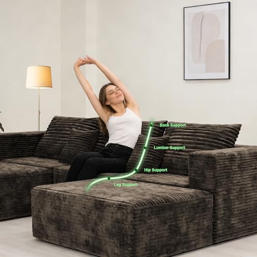 Image of 110 inch Modern Fabric Boneless Couch with Deep Seat, Sectional Couches for Living Room, Upholstered Cloud Sofa with 2 Ottoman, No Assembly Required (U Shaped Sofa)