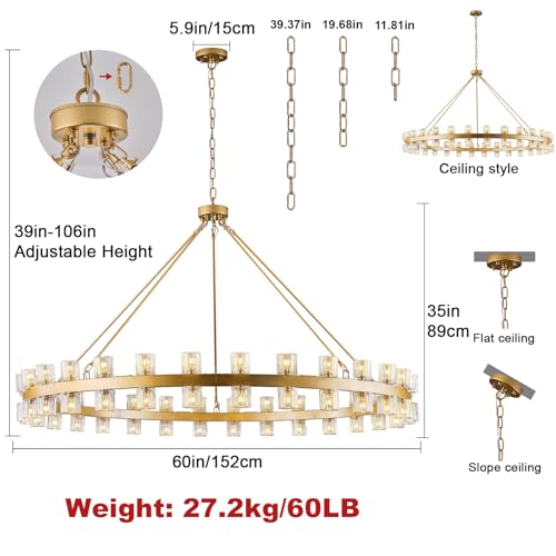 Image of 60 Inch Gold Wagon Wheel Chandelier with Crystal Shade, 60 Lights, Modern Farmhouse Style, Ideal for Dining Room, Kitchen, Entryways
