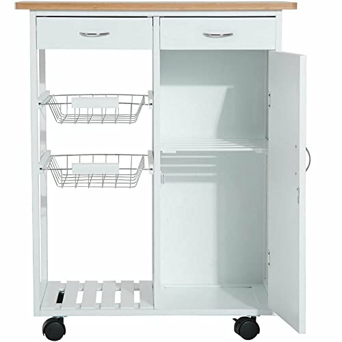 Carro de cocina de madera blanca con puerta inferior y ruedas estables 4
