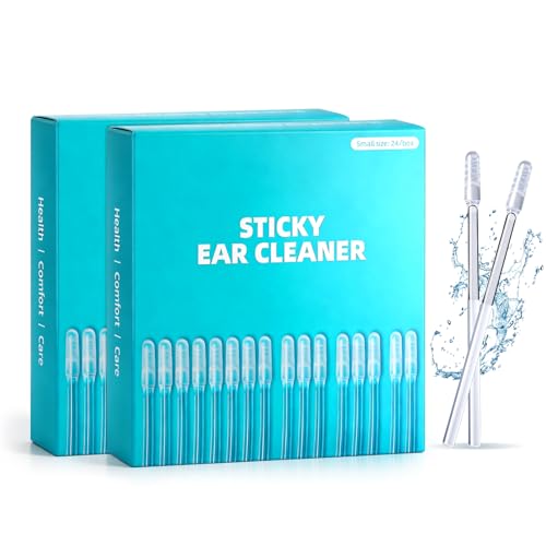 Sticky Ear Cleaning Stick Reusable Earwax Removal Adhesive Swabs Upgraded Ear Wax Removal Tools with Dust Cover Packaging Sticky Ear Cleaners for All Ages (2Box 48Pcs)