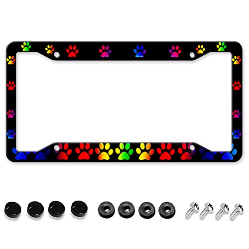 License Plate Frames Rainbow Cat Dog Paw Print Black Cute License Plate Holder Funny Aluminum Vintage Front Car Frame Cove Decor with 4 Holes for Women Men() - GUWEI GW-31