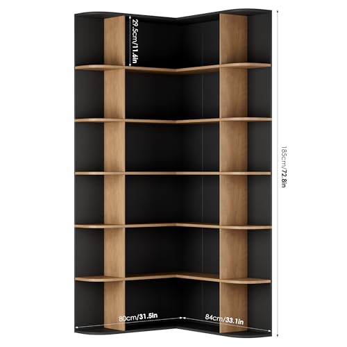 FOTOSOK 74” Tall Corner Bookshelf, 6-Tier Bookshelf and Bookcase with Open Storage, Tall Bookcases Wooden Storage Shelves for Home Office, Thickened Boards for Better Load Bearing, Black/Brown