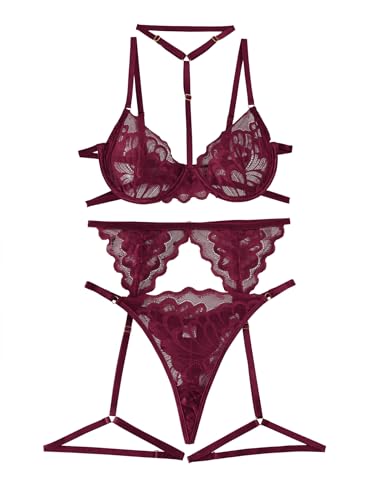 Lilosy Sexy Choker Floral Lace Scallop Sheer Underwire Push Up Garter Belt Lingerie Set 3 Piece for Women See Through Bachelorette Bra and Panty Burgundy Red Medium
