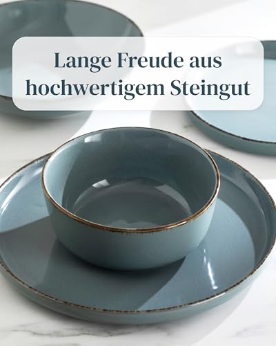 Steingut Geschirrset 6 Personen Rustic 24 tlg. TESTSIEGER, Hochwertiges Landhaussttil Steingut Geschirr Set, Schüssel- und Teller Set, Tafelservice 6 Personen, Geschirrsets Pure Living in Rauchblau