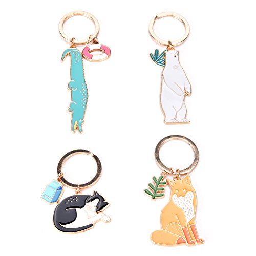 JUNKE 4 PCS Animal Shape Style Keychain Novelty Metal Enamel Cute Fox Cat Key Chain Charmed Gifts Keyring for Kids Women Girls Boys
