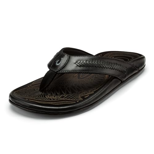 OluKai Mea Ola Mano Mens Leather Sandals Everyday Flip Flops Premium Materials & Intricate Details Arch Support & Comfort Fit Dk Java/Mustang 12