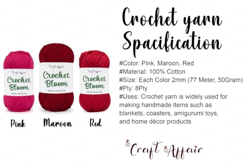 Image of Craft Affair | Crochet Bloom Cotton Yarn 8ply (Each Color 2mm, 77Meter, 50Gram) 100% Pure Cotton | for Knitting Yarn | Craft & DIY Project: Rani, Maroon, Red