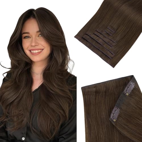 HOTBANANA Invisi Edge Clip in Hair Extensions, 24inch 120g 7Pcs Injected Seamless Clip in Extensions Real Human Hair Chocolate Brown PU Hair Extensions Straight Hair