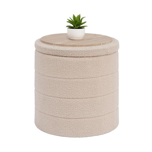 Bonlife Baúl Plegable, Puff Almacenaje, Taburete Reposapiés, Banco Almacenaje, para Sala de Estar, Dormitorio, Entrada, Beige, Forma Circular, 43x43x45 cm