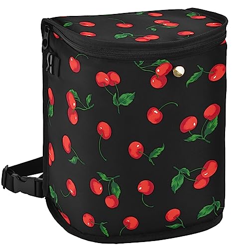 Image of Cherry Black Car Trash Can Watercolor Fruit Leaves Car Garbage Bag with Lid Hanging Waterproof Leak Proof Vehicle Storage Bin