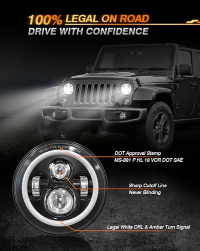 Image of 7 Inch Round LED Halo Headlights with Switchback Adapter for Amber Turn Signal White DRL Compatible with 2007-2017 Jeep Wrangler JK JKU- Black